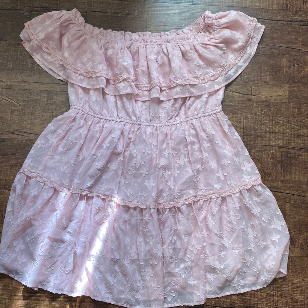 Blush color, off the shoulder dress